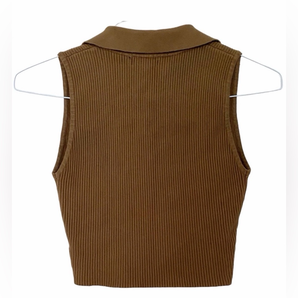 House of Harlow 1960 Brown Rib Knit Sleeveless Collared Crop Sweater Top Small - Picture 2 of 4